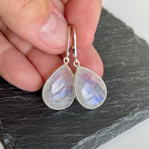 Moonstone Earrings, Rainbow Moonstone Teardrop Earrings in Silver, June Birthstone, Smooth Dangle Earrings, Earrings for Women, Gift for her