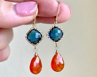 Carnelian and Blue Quartz Earrings, Orange and Navy Marquise Statement Earrings in Gold or Silver, Summer Earrings, September Gift for women