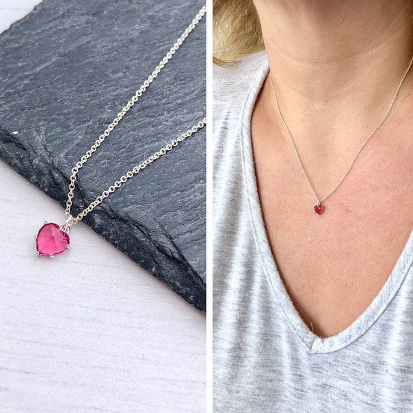 Hot Pink Heart Necklace, Tiny Tourmaline Heart Pendant, Silver Fuchsia Delicate Necklace, Minimalist Layering Jewelry, Valentine's Day Gift