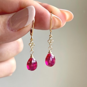 Pink Tourmaline Earrings, Hot Fuchsia Small Teardrop Dangle Earrings, October Birthstone, Gold Hot Pink Minimalist Earrings, Gift for women