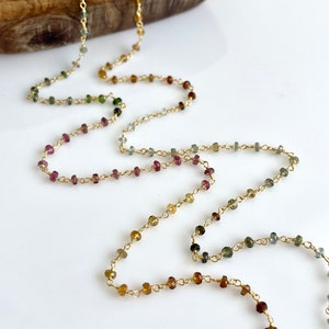 Long Tourmaline Necklace, Watermelon Tourmaline Beaded Necklace, October Birthstone, Multicolor Layering Necklace, Gold Rosary, Gift for her