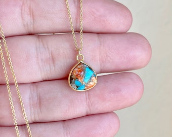 Oyster Turquoise Necklace, Blue and Orange Teardrop Pendant in Gold, December Birthstone, Dainty Turquoise Layering Necklace, Gift for her