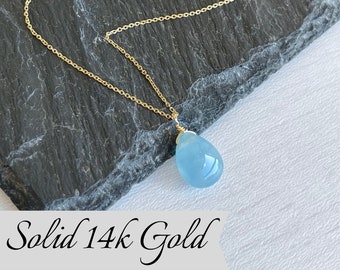 Aquamarine Necklace, March Birthstone, Smooth Aquamarine Teardrop Pendant, Solid 14k Gold, Real Gold Jewelry, Minimal Layering, Gift for her