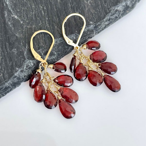 Garnet Earrings, Red Garnet Cluster Earrings in Gold or Silver, Teardrop Statement Drop Earrings, January Birthstone Jewelry Gift for women