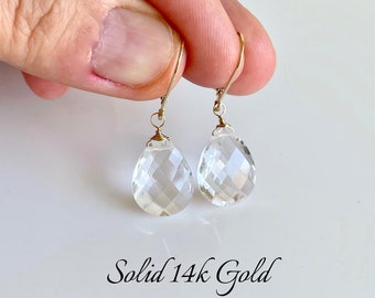 White Topaz Earrings, Crystal Clear Teardrop Earrings in Solid 14k Gold, Transparent Real Gold Dangle Drops, Light Every Day Gift for her