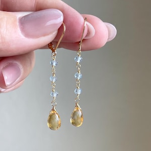 Citrine and Aquamarine Earrings, Yellow and Blue Dangle Drops, Elegant Beaded Earrings Gold or Silver, March Birthstone, Gift for women
