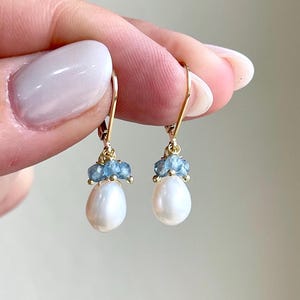 White Pearl and Ave Maria Aquamarine Earrings, March Birthstone, White and Blue Minimalist Teardrop Jewelry Gold or Silver Mother's Day Gift