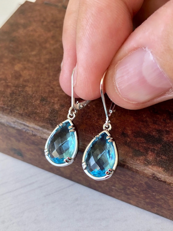 Aquamarine Earrings March Birthstone Blue Teardrop Gem Earrings