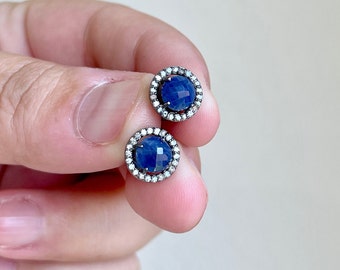 Blue Sapphire Stud Earrings, Diamond Stud Earrings, Round Sapphire Post, September Birthstone, Blue Sapphire Diamond Halo, Gift for Wife