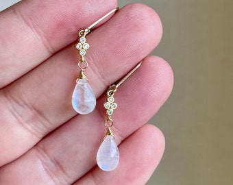 Rainbow Moonstone Earrings, Teardrop Dangle Earrings, Minimalist Gold Earrings, June Birthstone, Small Moonstone Earrings, Gift for women