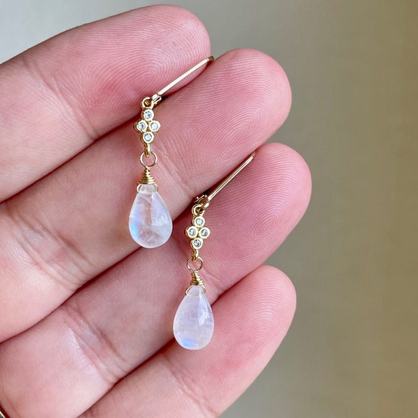 Rainbow Moonstone Earrings, Teardrop Dangle Earrings, Minimalist Gold Earrings, June Birthstone, Small Moonstone Earrings, Gift for women