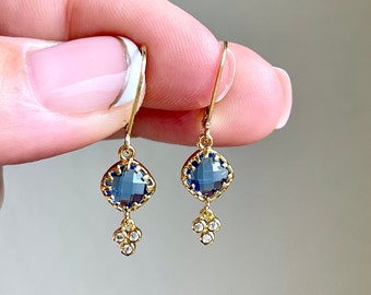 Blue Quartz Earrings, Tiny Shiny Cobalt Blue Diamond Shape Small Dangle Earrings in Gold or Silver, Elegant Minimalist Drops, Gift for her