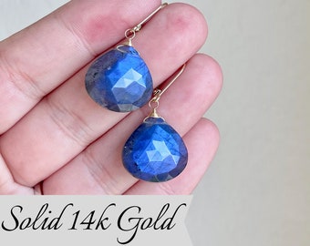 Labradorite Earrings, Blue Flash Labradorite Solid 14k Gold Teardrop Earrings, Real Gold Statement Jewelry, Large Blue Drops, Gift for her