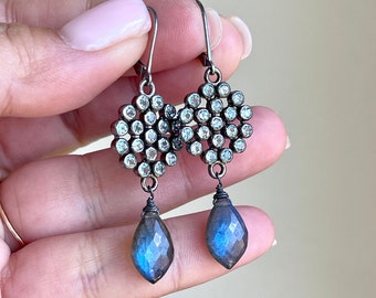 Aquamarine and Labradorite Statement Earrings, March Birthstone, Gray and Blue Round Vintage Style Oxidized Silver Jewelry Gift for Mom