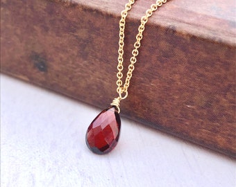 Garnet Necklace, January Birthstone, Red Garnet Teardrop Pendant, Layering Drop Necklace Gold or Silver, Minimalist Jewelry gift for January