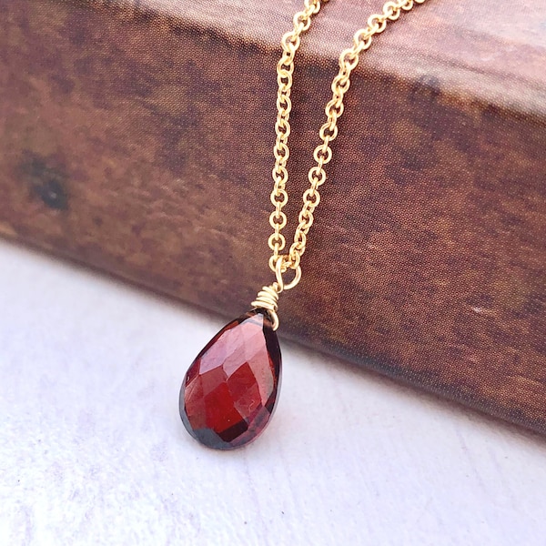 Garnet Necklace, January Birthstone, Red Garnet Teardrop Pendant, Layering Drop Necklace Gold or Silver, Minimalist Jewelry gift for January