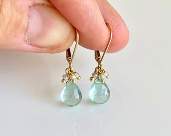 Green Amethyst and Diamond Minimalist Earrings, February Birthstone, Tiny Mint Prasiolite Teardrop Earrings in Gold or Silver, Gift under 50