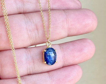 Kyanite Necklace, Navy Blue Kyanite Oval Pendant in Gold, September Birthstone, Minimalist Layering Necklace, Blue Jewelry Gift for women