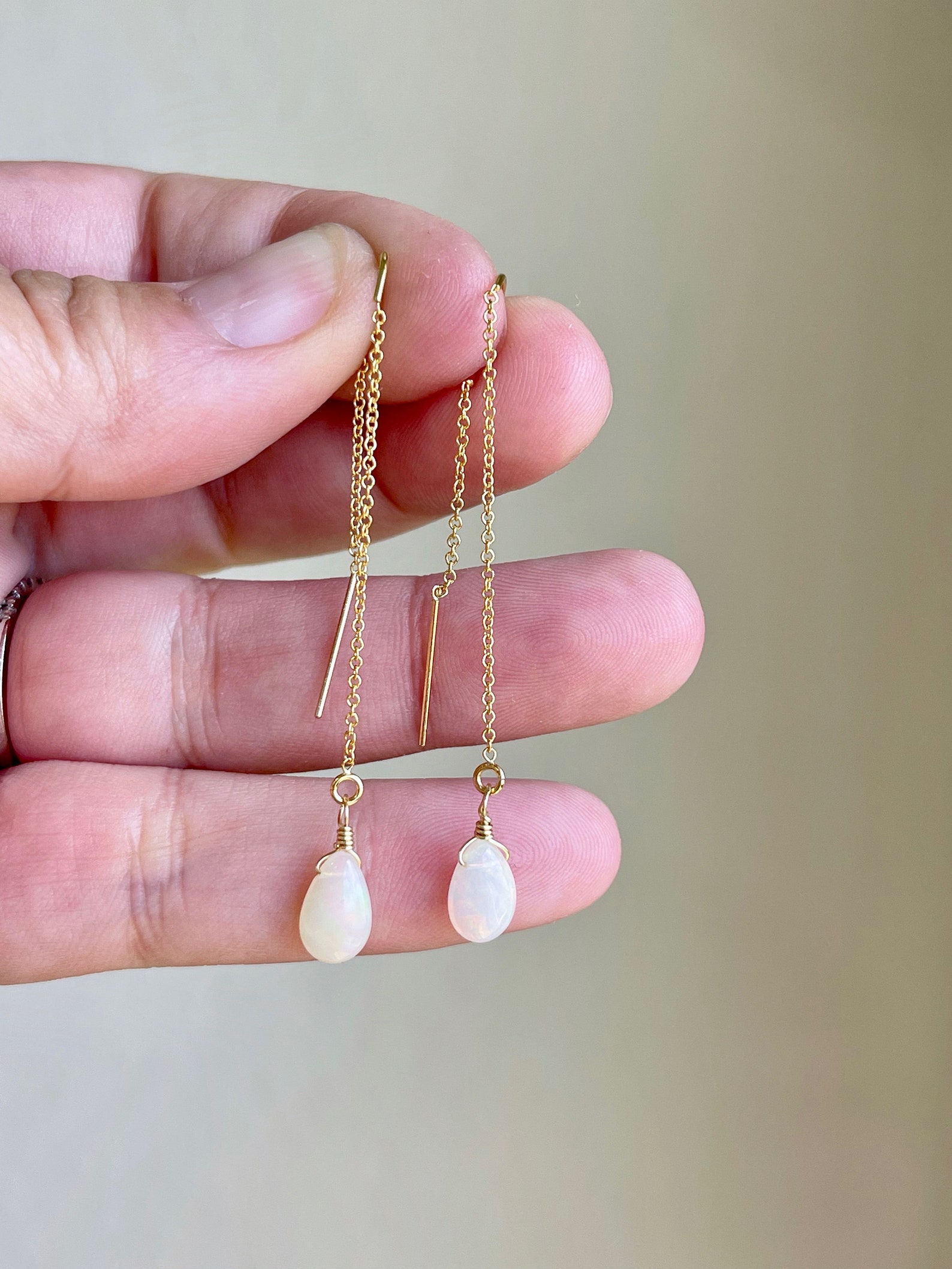 Fire Opal Threader Earrings, October Birthstone Earrings, Minimalist Pull Through Chain Ear Threader in White Opal, Boho Jewelry Gift