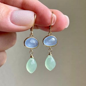 Cobalt Chalcedony and Green Chalcedony Earrings, Periwinkle and Sage Green Drops in Gold or Silver, Dangle Earrings, Elegant Gift for women