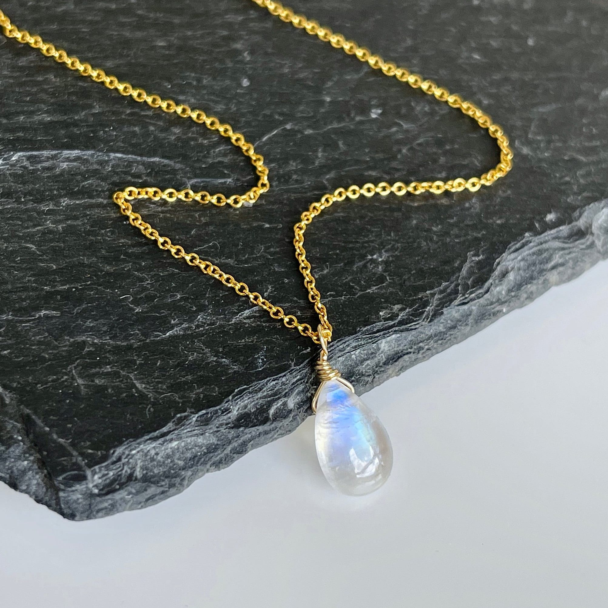 Rainbow Moonstone Necklace, Smooth Rainbow Moonstone Teardrop
