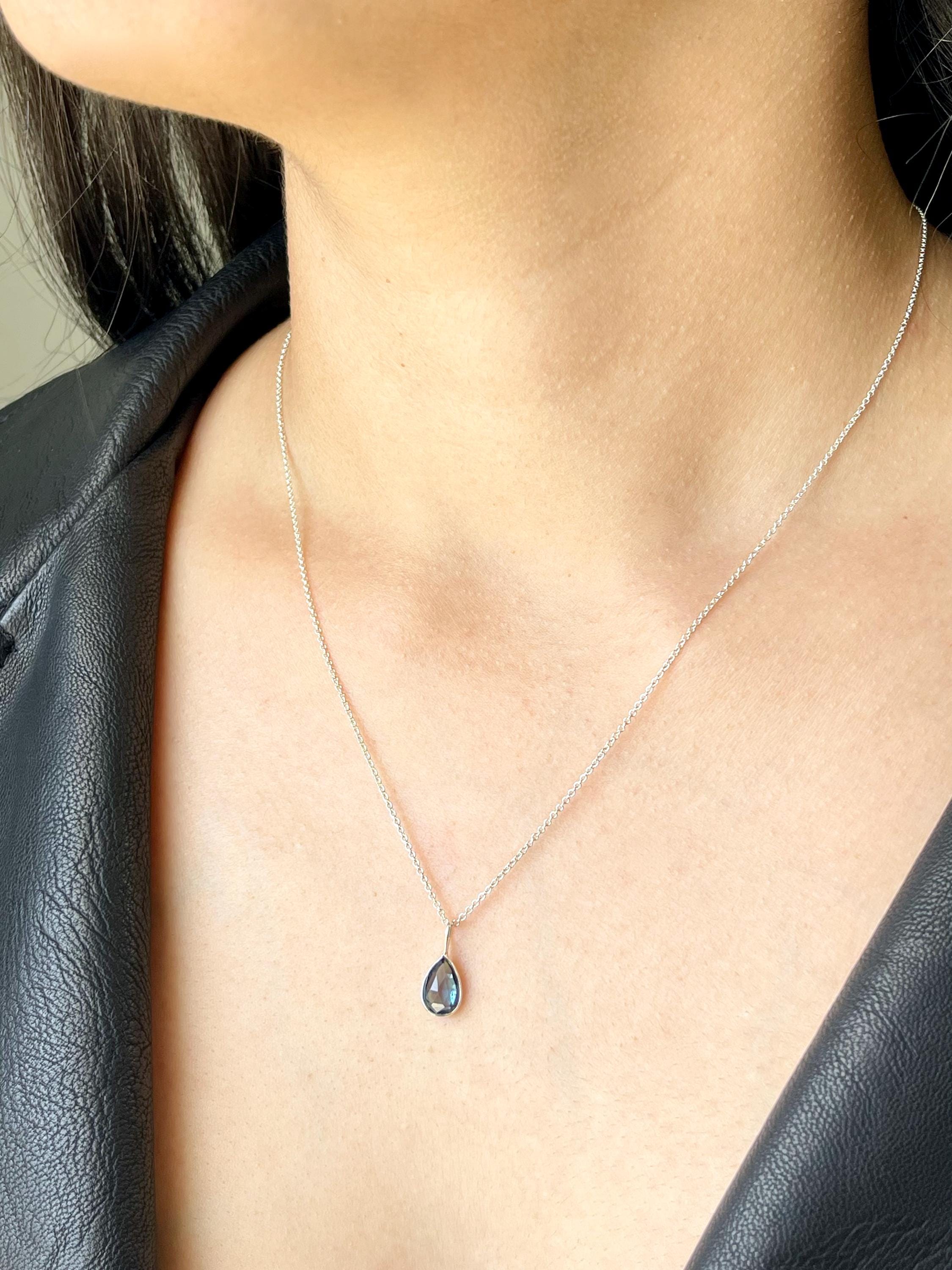 Blue Topaz Necklace, December Birthstone, Tiny Dark Blue Teardrop