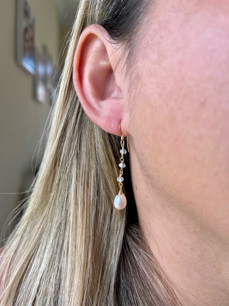 Pearl and Aquamarine Earrings, White and Blue Dangle Drops, Elegant Pearl Beaded Earrings Gold or Silver, June Birthstone, Gift for women image 6