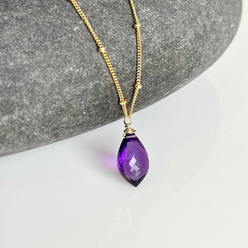 Elegant Gold-Plated Necklace with Purple Teardrop Stone & Crystal Accents