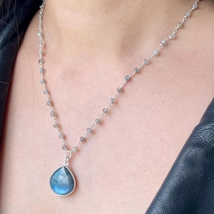 Labradorite Teardrop Necklace, Fire Labradorite Pendant in Sterling Silver, Beaded Statement Jewelry, Smooth Gemstone Gift for Mother's Day