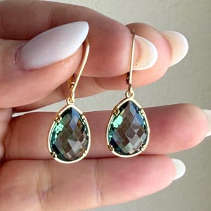 Green Quartz Earrings, May Birthstone, Moss Green Teardrop Earrings in Gold, Hunter Green Fancy prong Jewelry, Holiday Gift for women