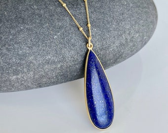 Lapis Lazuli Necklace, Navy Blue Elongated Teardrop Pendant, Long Layering Statement Necklace in Gold, Simple Boho Jewelry, Gift for her