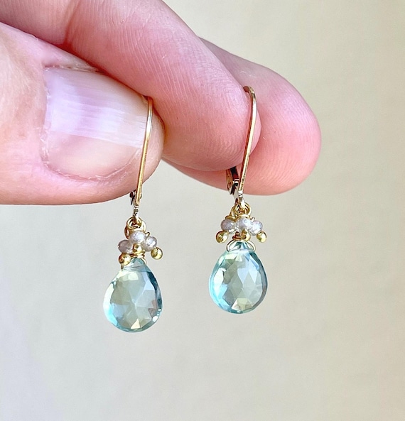 Green Amethyst and Diamond Minimalist Earrings, February Birthstone, Tiny Mint Prasiolite Teardrop Earrings in Gold or Silver, Gift under 50