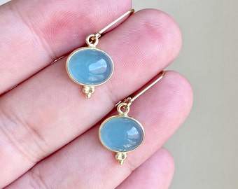 Aquamarine Earrings, March Birthstone, Milky Blue Aquamarine Smooth Oval Earrings in Gold or Silver, Elegant Statement Drops, Gift for her