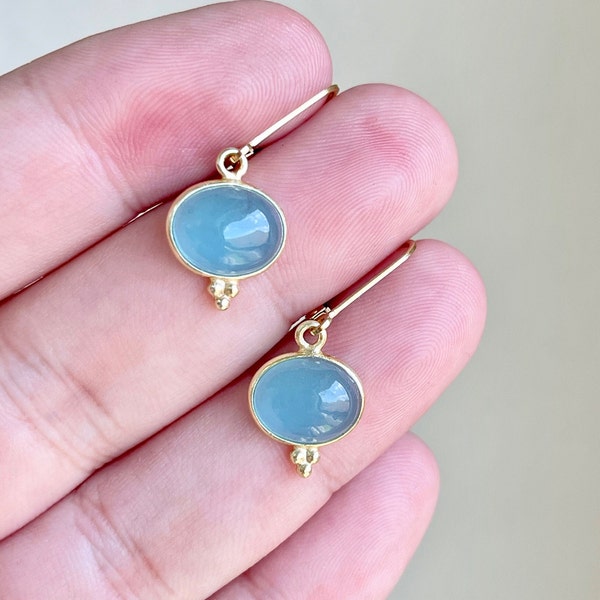 Aquamarine Earrings, March Birthstone, Milky Blue Aquamarine Smooth Oval Earrings in Gold or Silver, Elegant Statement Drops, Gift for her