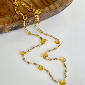 Yellow Topaz Necklace, November Birthstone, Yellow Beaded Choker in Gold Filled, Wire wrapped Dainty Minimalist Necklace, Mother's Day Gift image 2