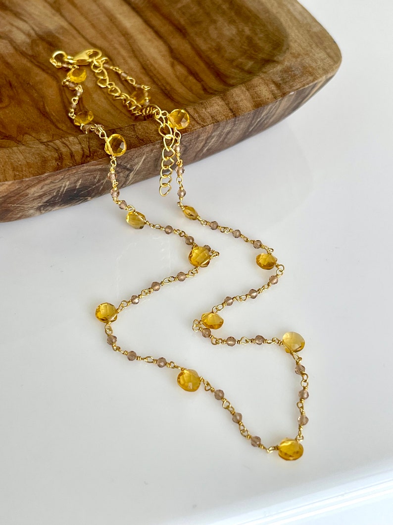 Yellow Topaz Necklace, November Birthstone, Yellow Beaded Choker in Gold Filled, Wire wrapped Dainty Minimalist Necklace, Mother's Day Gift image 2