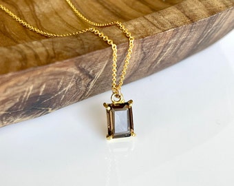 Smokey Topaz Necklace, Tiny Smokey Brown Baguette Pendant in Gold, Minimalist Brown Rectangle Layering Jewelry, Neutral Boho Gift for her