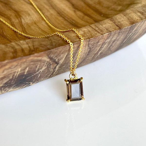 Smokey Topaz Necklace, Tiny Smokey Brown Baguette Pendant in Gold, Minimalist Brown Rectangle Layering Jewelry, Neutral Boho Gift for her