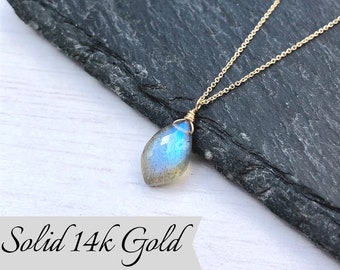 Labradorite Necklace, Blue Flash Labradorite Pendant, Solid 14k Gold, Real Gold Necklace for women, Dainty Layering Jewelry, Gift for her