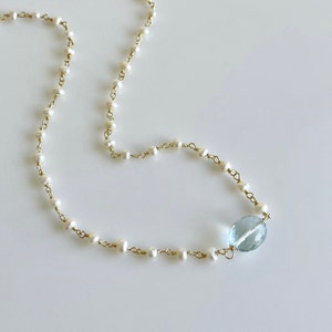 Pearl and Aquamarine Necklace, Sky Blue Aquamarine Oval Pendant, Beaded Pearl Chain in Gold or Silver, March Birthstone Elegant Gift for her