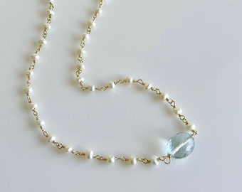 Pearl and Aquamarine Necklace, Sky Blue Aquamarine Oval Pendant, Beaded Pearl Chain in Gold or Silver, March Birthstone Elegant Gift for her