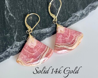 Rhodochrosite Earrings, Natural Pink and White Pattern Statement Triangle Earrings in Solid 14k Yellow Gold, Balance Mother's Day Gift