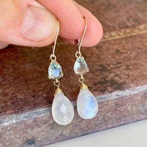 Rainbow Moonstone and Aquamarine Earrings, June Birthstone, White and Blue Earrings Drops in Gold, Wedding Moonstone Jewelry, Gift for her