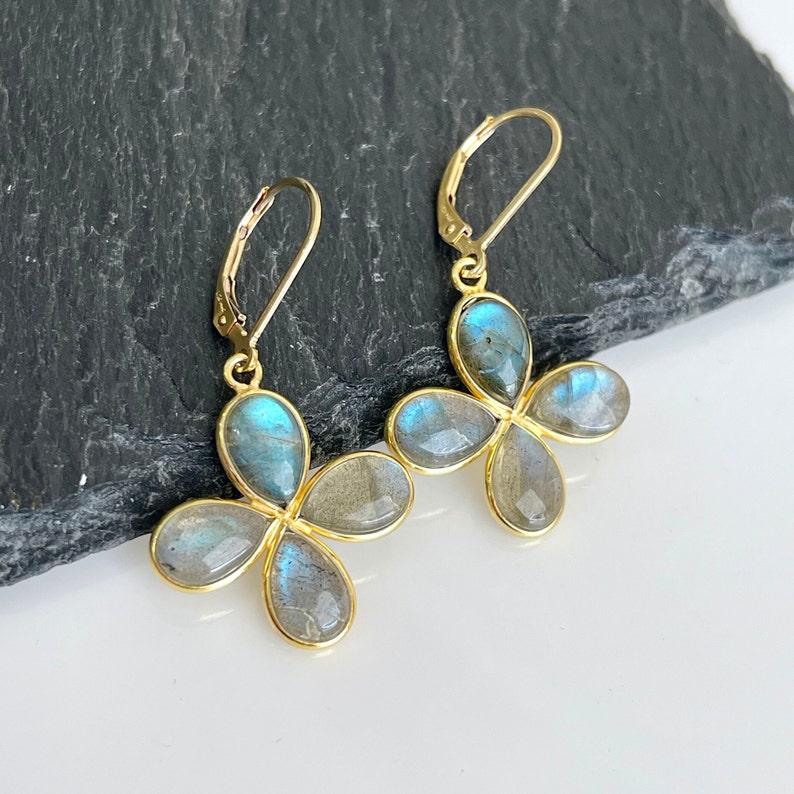 Labradorite Flower Earrings, Blue Flashy Labradorite Clover Bezeled Earrings in Gold or Silver, Floral Summer Light Jewelry for Mother's day image 2