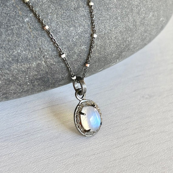 Round Rainbow Moonstone Petite Sterling Silver Slide - Chain Included Round Rainbow Moonstone Petite Sterling Silver Slide - Chain Included
