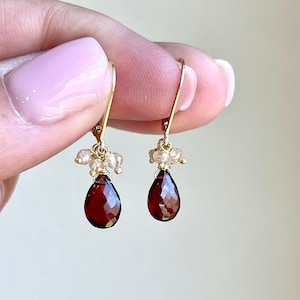 Garnet and Citrine Earrings, January Birthstone, Tiny Red and Beige Teardrop Earrings in Gold or Silver, Minimalist Red Jewelry Gift for mom
