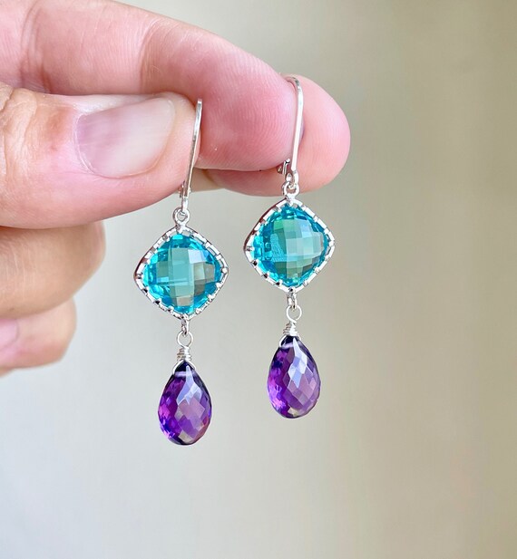 Apatite and Amethyst Earrings Teal and Purple Elongated Statement