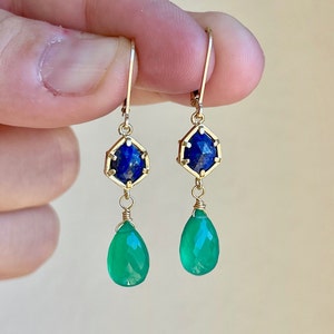 Lapis Lazuli and Green Onyx Earrings, Blue and Emerald Green Dangle Earrings, May Birthstone Drops in Gold, Gemstone Statement Jewelry Gift