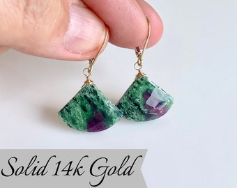 Ruby Zoisite Earrings, Green and Hot Pink Solid 14k Gold Fan Shape Earrings, Real Gold Statement Jewelry, Large Gemstone Drops, Gift for her