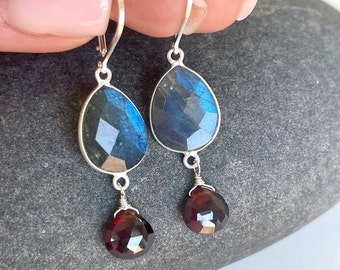 Blue Labradorite and Garnet Earrings, January Birthstone, Red and Blue Teardrop Dangle Earrings in Silver, Long Jewelry Drops, Gift for her